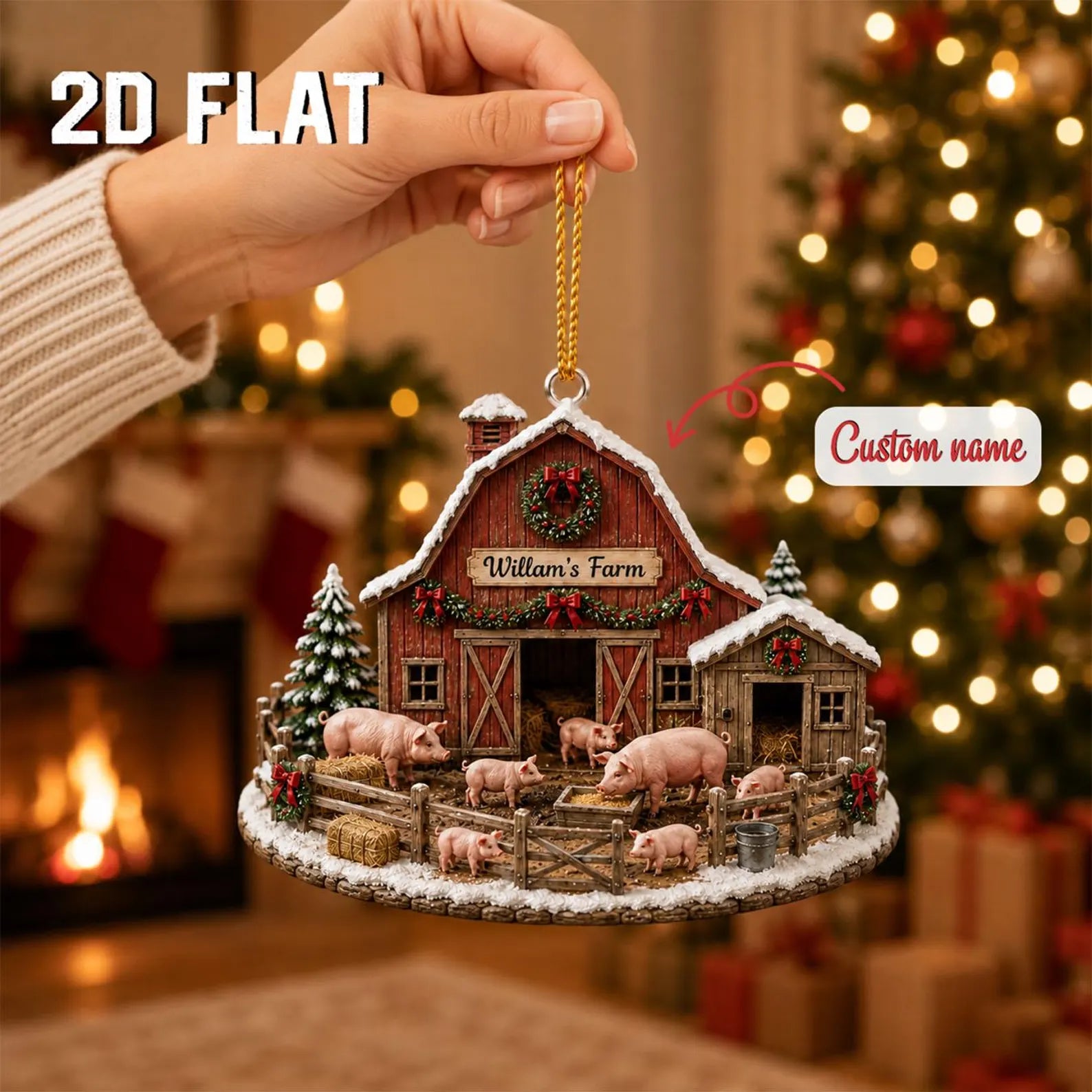 Personalized Farm Christmas Ornament, Custom Name Pig Barn Ornament, Farmer Family Gift, Rustic Wooden Homestead Christmas Decor	COPETAL33