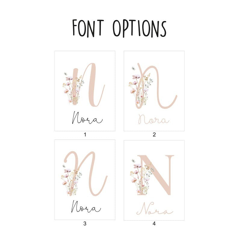 Floral Nursery Wall Art, Custom Wildflowers Prints, Boho Baby Girl Nursery Decor, Watercolor Flowers, Personalized Name - Initial, Digital
