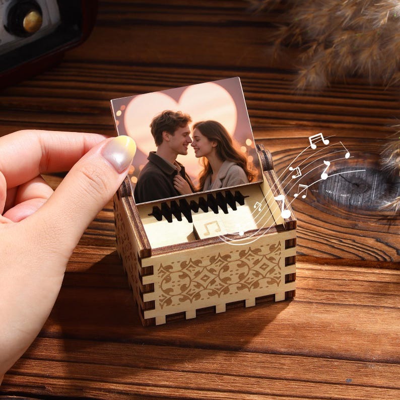 Personalized Wooden Music Box_ Custom Song, Photo, and Text, Keepsake Voice Record Music Box, Play Song Music Gifts for Him, Handmade Anniversary Gift