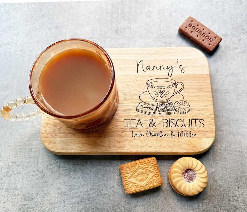 Personalised Nanny's Tea And Biscuits Board, Engraved Wooden Biscuit Tray, Christmas Gift For Nanny, Grandma, Granny