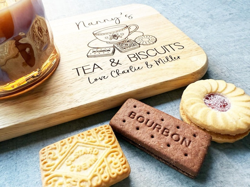 Personalised Nanny's Tea And Biscuits Board, Engraved Wooden Biscuit Tray, Christmas Gift For Nanny, Grandma, Granny
