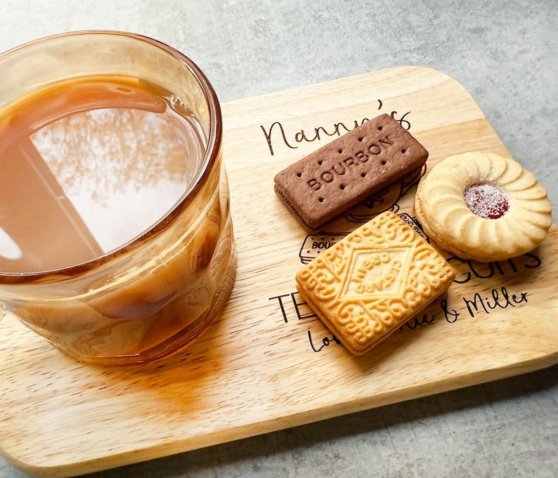 Personalised Nanny's Tea And Biscuits Board, Engraved Wooden Biscuit Tray, Christmas Gift For Nanny, Grandma, Granny