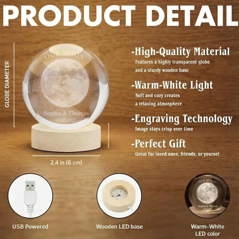 Personalized Moon Phase Crystal Ball Night Light, Romantic Anniversary Gift, Personalized LED Glass Lamp, Valentine's Day Gift For Couple, Husband, Boyfriend, Wife