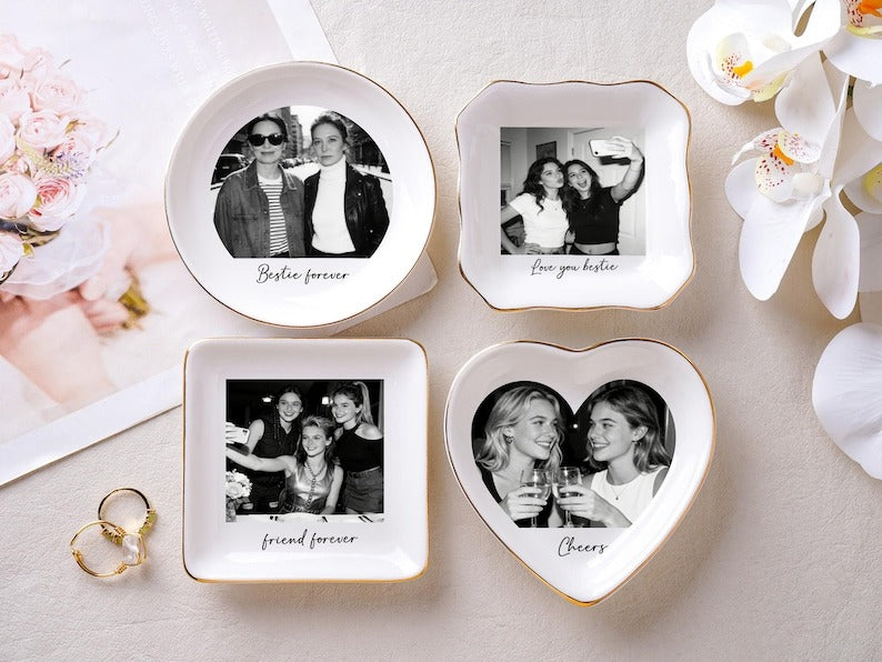 Personalised Bestie Photo Trinket Dish, Custom Jewelry Ring Dish, Bridesmaid Proposal, Ceramic Trinket Tray for Best Friend, Wedding Gift
