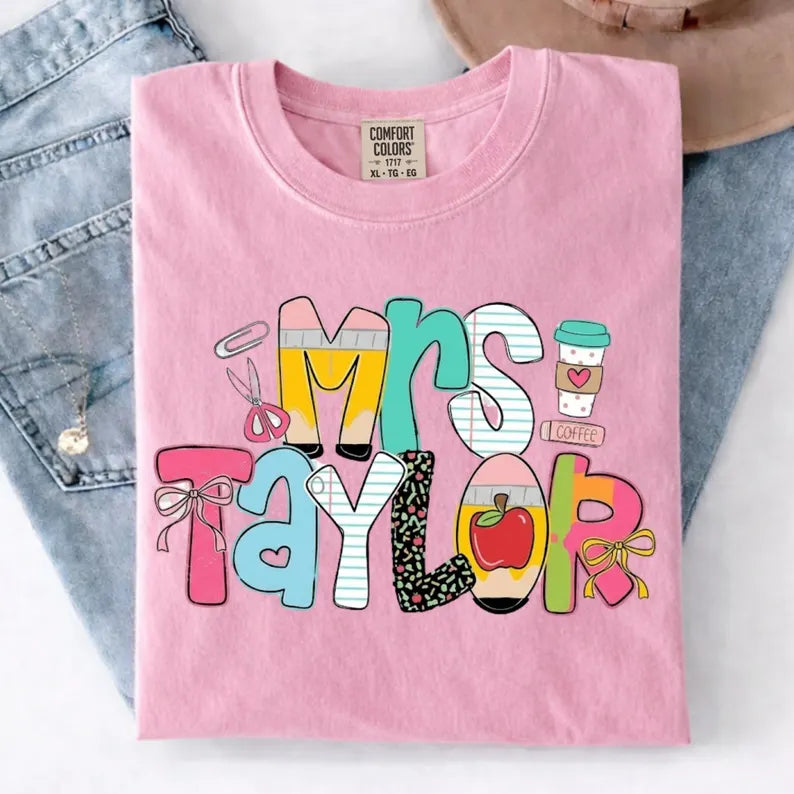 Personalized Teacher Shirt, Custom Name Teacher Tee, Mrs Teacher Shirt, Cute Teacher Gift, Back To School Shirt, Kindergarten Teacher Tee. SPETAL4