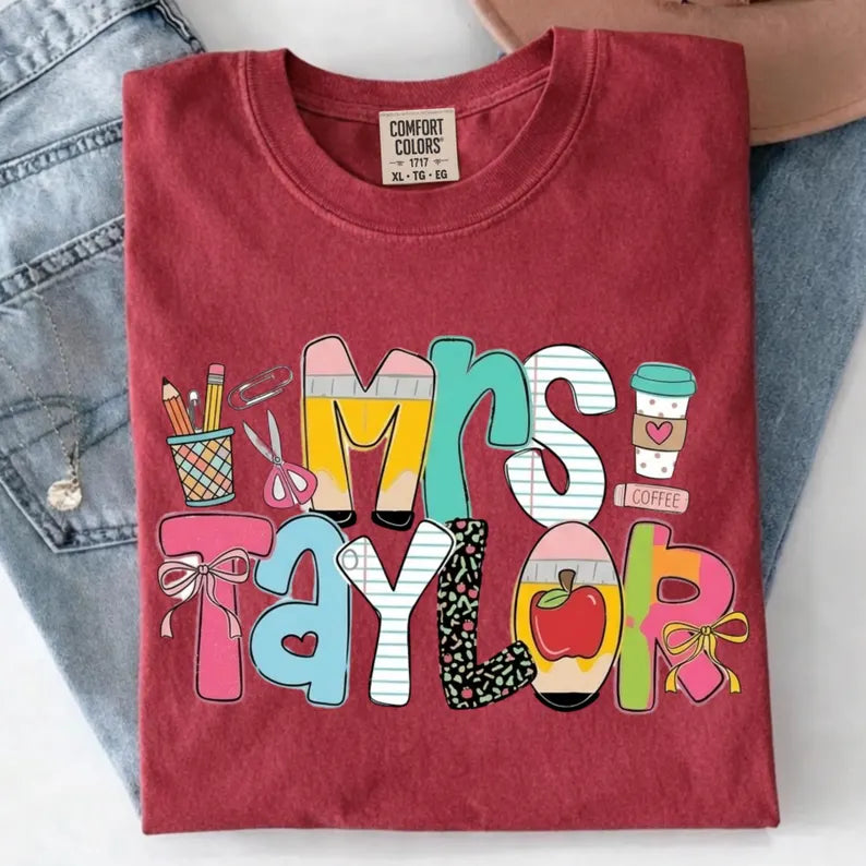 Personalized Teacher Shirt, Custom Name Teacher Tee, Mrs Teacher Shirt, Cute Teacher Gift, Back To School Shirt, Kindergarten Teacher Tee. SPETAL4