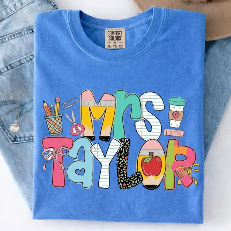 Personalized Teacher Shirt, Custom Name Teacher Tee, Mrs Teacher Shirt, Cute Teacher Gift, Back To School Shirt, Kindergarten Teacher Tee. SPETAL4