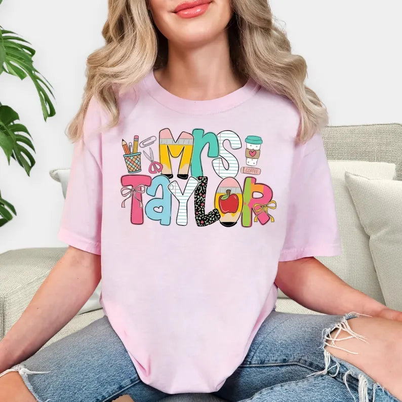 Personalized Teacher Shirt, Custom Name Teacher Tee, Mrs Teacher Shirt, Cute Teacher Gift, Back To School Shirt, Kindergarten Teacher Tee. SPETAL4