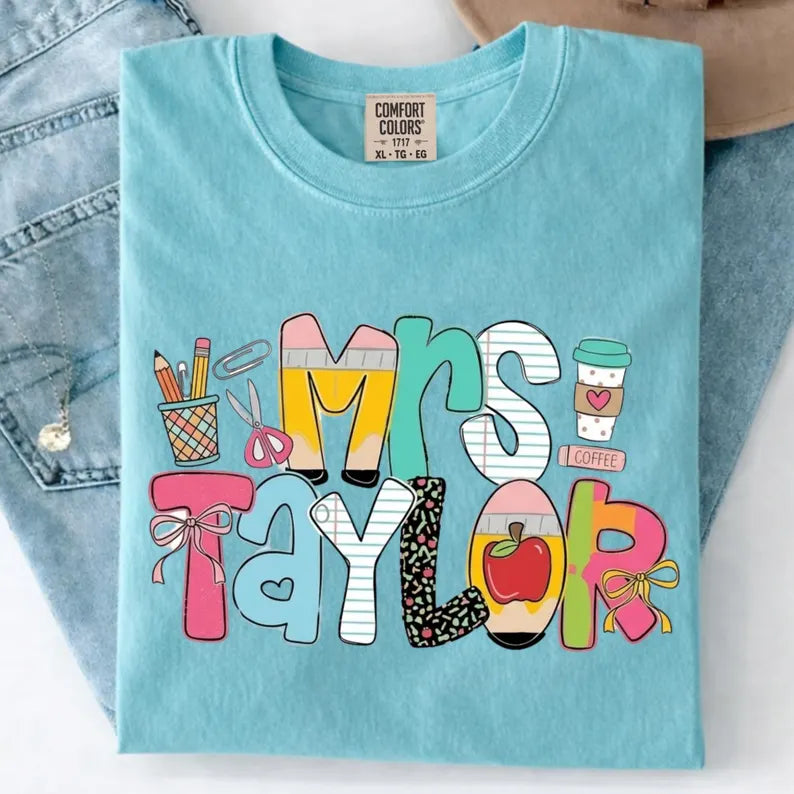 Personalized Teacher Shirt, Custom Name Teacher Tee, Mrs Teacher Shirt, Cute Teacher Gift, Back To School Shirt, Kindergarten Teacher Tee. SPETAL4