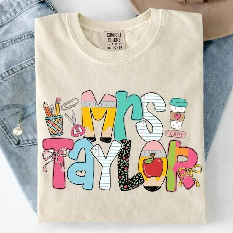 Personalized Teacher Shirt, Custom Name Teacher Tee, Mrs Teacher Shirt, Cute Teacher Gift, Back To School Shirt, Kindergarten Teacher Tee. SPETAL4
