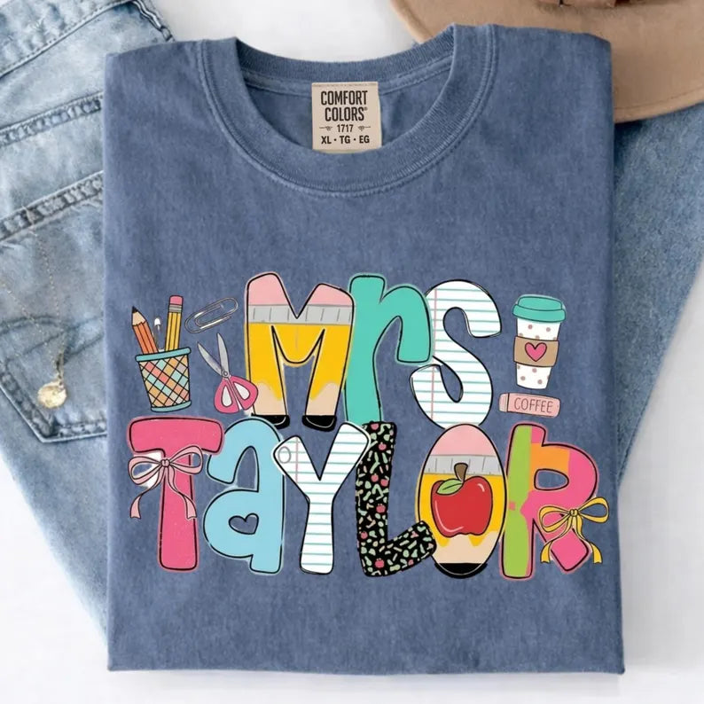 Personalized Teacher Shirt, Custom Name Teacher Tee, Mrs Teacher Shirt, Cute Teacher Gift, Back To School Shirt, Kindergarten Teacher Tee. SPETAL4