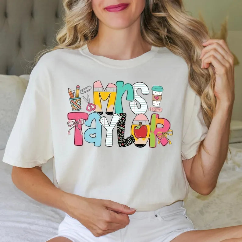 Personalized Teacher Shirt, Custom Name Teacher Tee, Mrs Teacher Shirt, Cute Teacher Gift, Back To School Shirt, Kindergarten Teacher Tee. SPETAL4