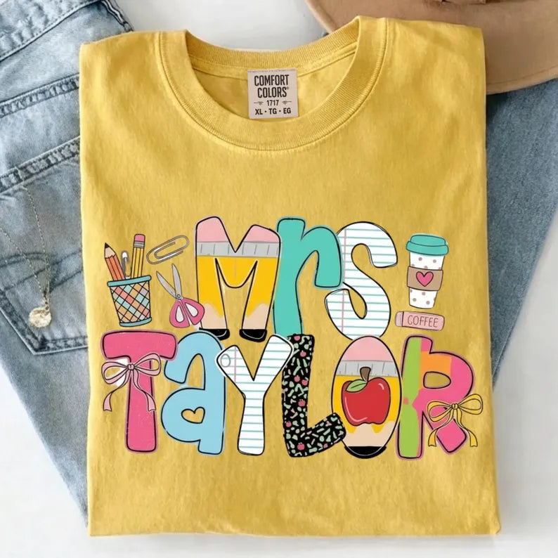 Personalized Teacher Shirt, Custom Name Teacher Tee, Mrs Teacher Shirt, Cute Teacher Gift, Back To School Shirt, Kindergarten Teacher Tee. SPETAL4