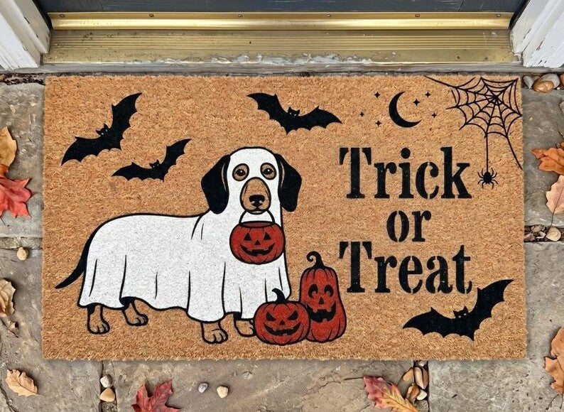Halloween Dog Doormat, Trick or Treat Welcome Mat, Funny Ghost Dog Porch Decor, Pumpkin Front Door Rug, Spooky Housewarming Gift. DMPETAL4