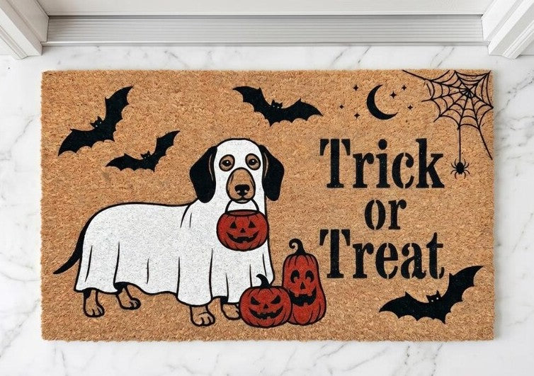 Halloween Dog Doormat, Trick or Treat Welcome Mat, Funny Ghost Dog Porch Decor, Pumpkin Front Door Rug, Spooky Housewarming Gift. DMPETAL4