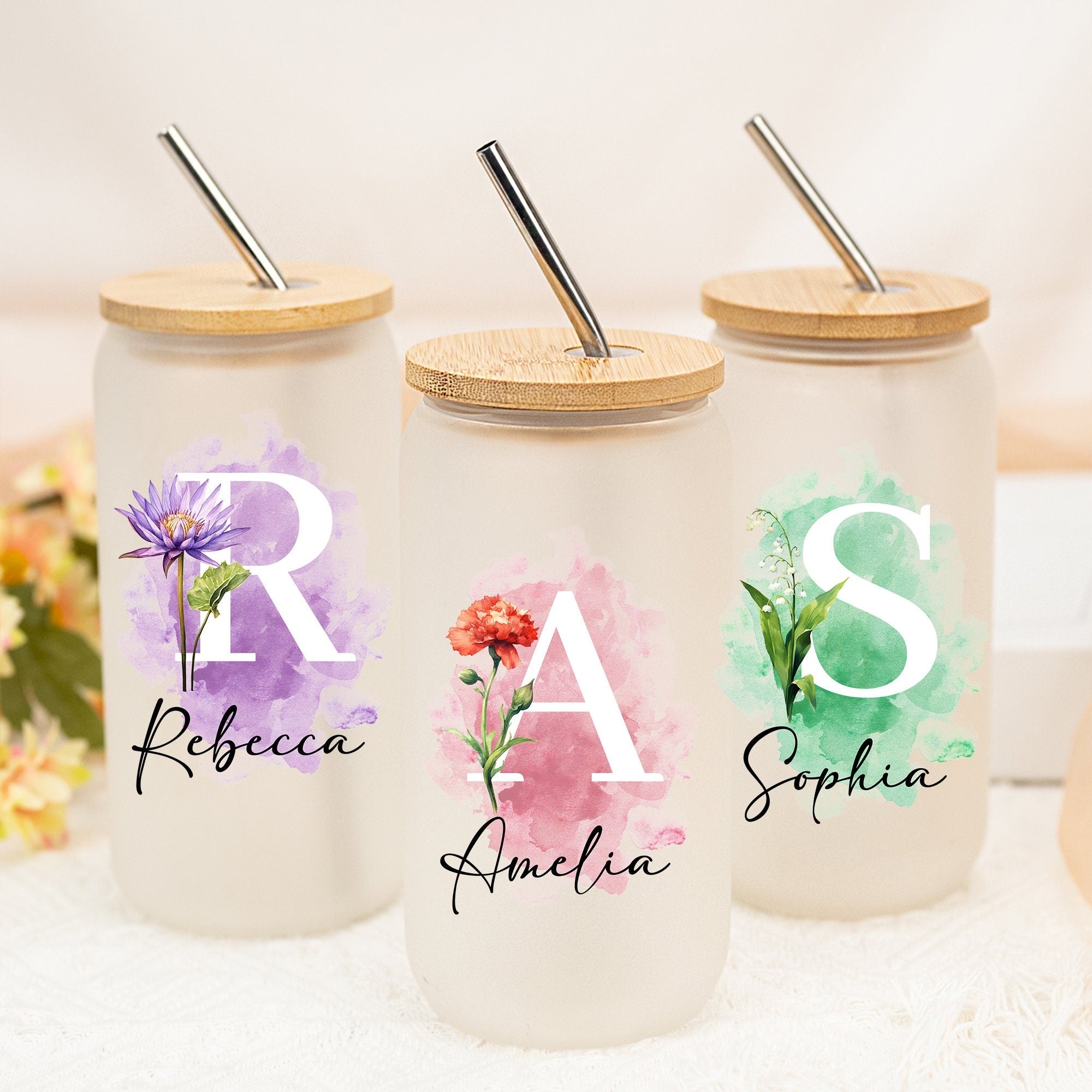 Personalized Birth Flower Glass with Name, Floral Tumbler with Lid and Straw, Iced Coffee Cup, Beer Can Glass, Coffee Lover Gift, Gift for Mom