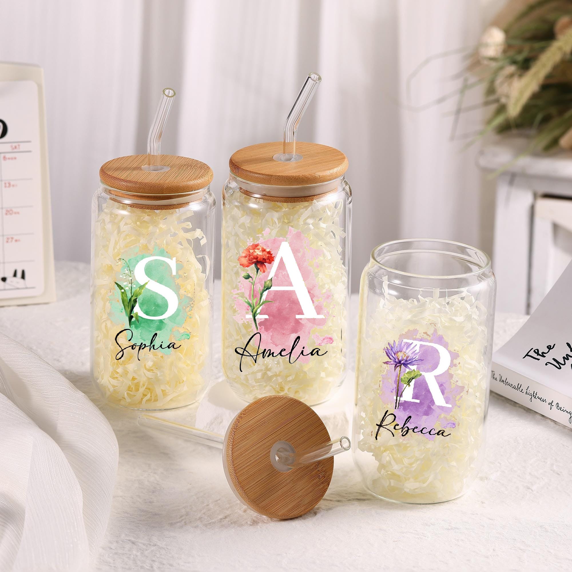 Personalized Birth Flower Glass with Name, Floral Tumbler with Lid and Straw, Iced Coffee Cup, Beer Can Glass, Coffee Lover Gift, Gift for Mom
