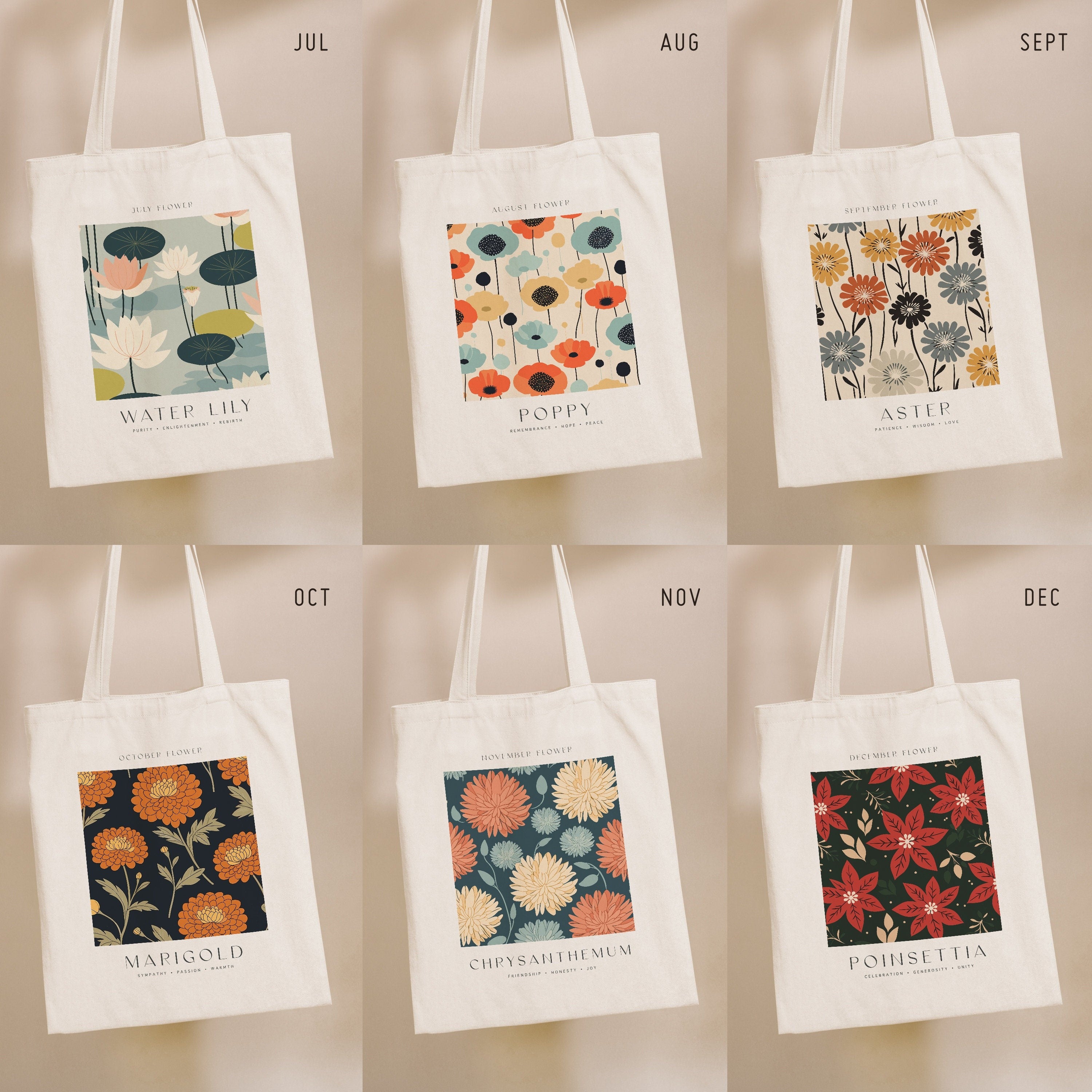 Birth Month Flower Tote Bag, Botanical Aesthetic Canvas ToteBag, Personalized Bridal Party Gift, Bridesmaid Tote Gift, Bestfriend Gift