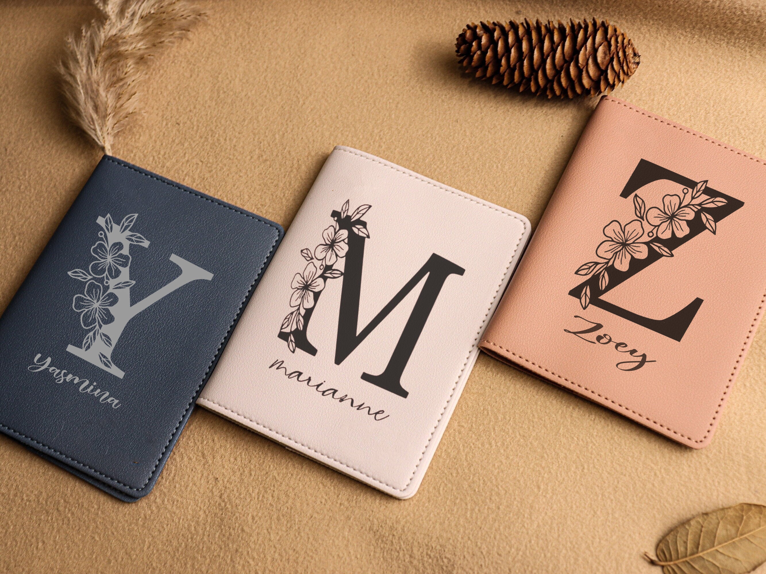 Personalized Leather Passport Cover, Custom Name Flower Alphabet Passport Holder, Travel Wallet Gift for Women Travelers