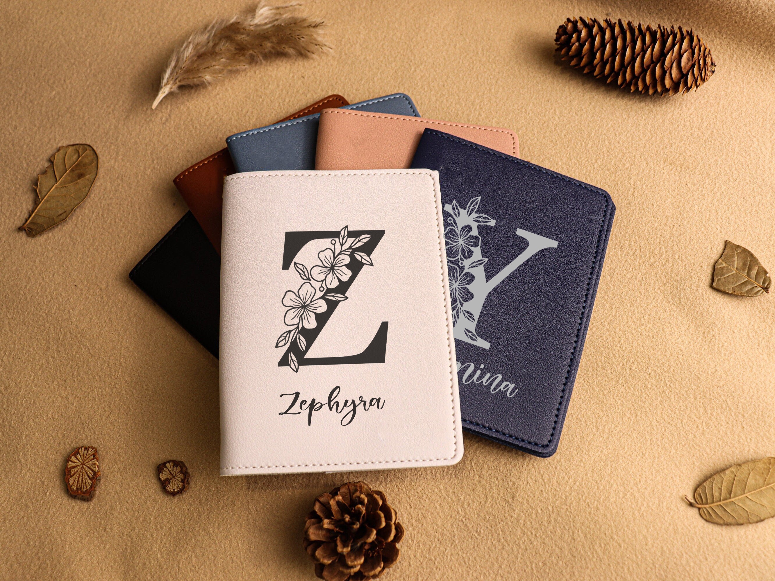 Personalized Leather Passport Cover, Custom Name Flower Alphabet Passport Holder, Travel Wallet Gift for Women Travelers