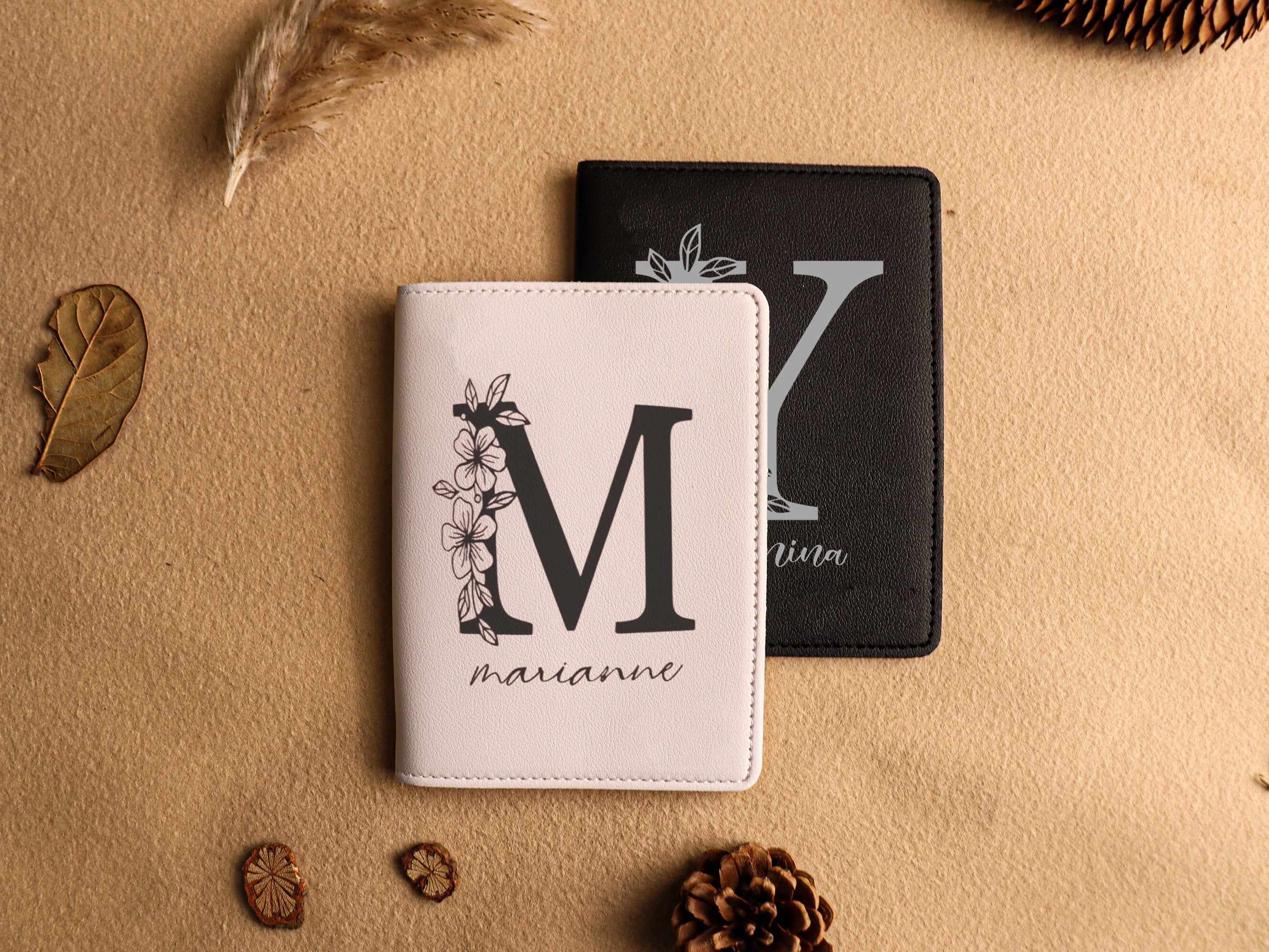 Personalized Leather Passport Cover, Custom Name Flower Alphabet Passport Holder, Travel Wallet Gift for Women Travelers