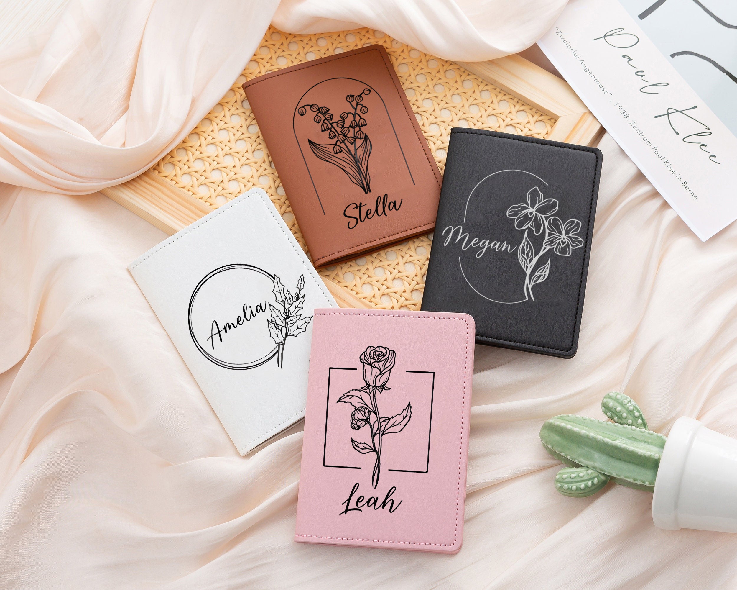 Personalized Leather Passport Cover, Custom Name Monthly Bloom Birth Flower Travel Wallet, Passport Holder Gift for Her