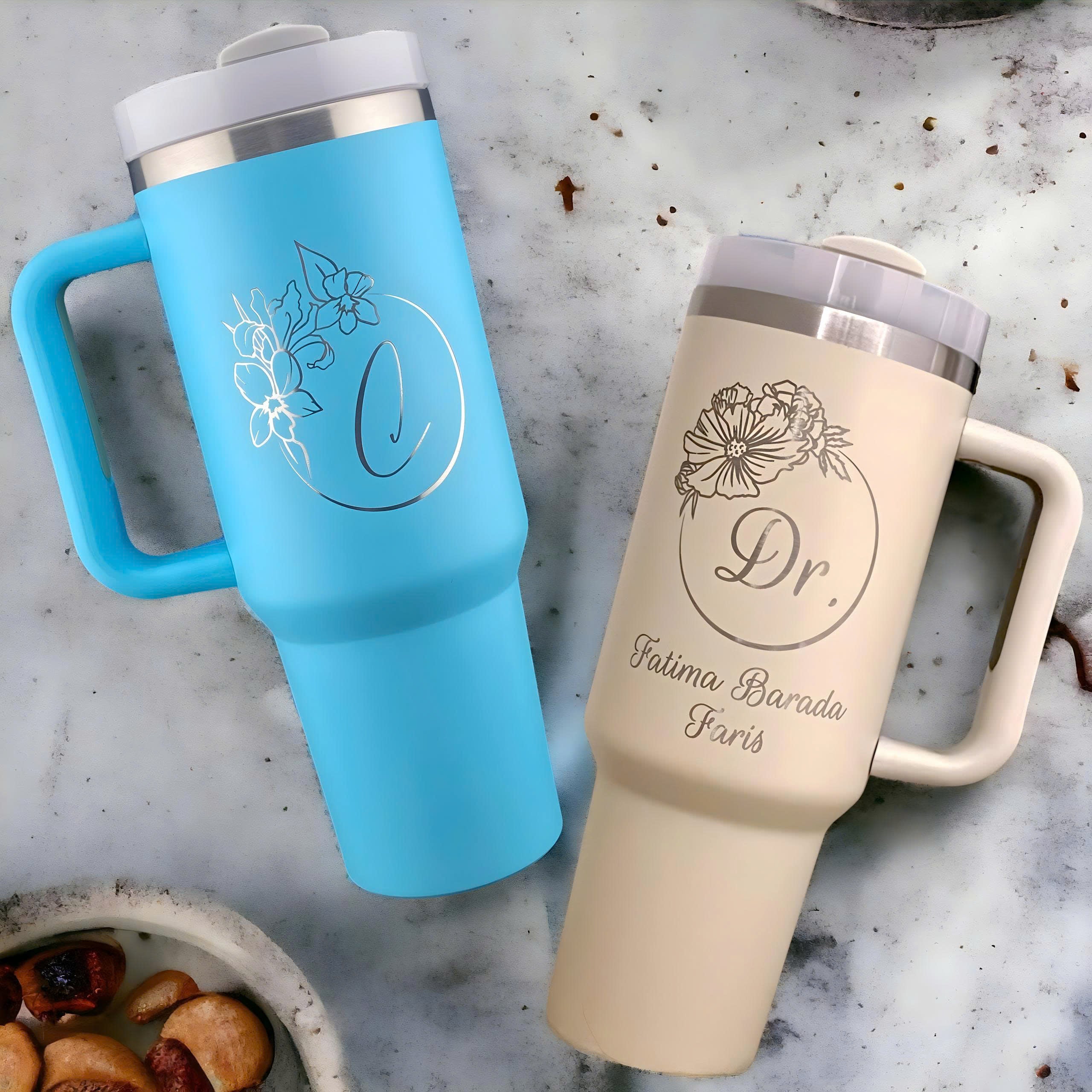 Personalized 40oz Tumbler with Handle, Birth Flower Tumbler with Straw, Custom Name or Title Cup, Monthly Bloom Insulated Mug, Doctor Gift, Birthday Gift, Graduation Gift, Mother’s Day Gift