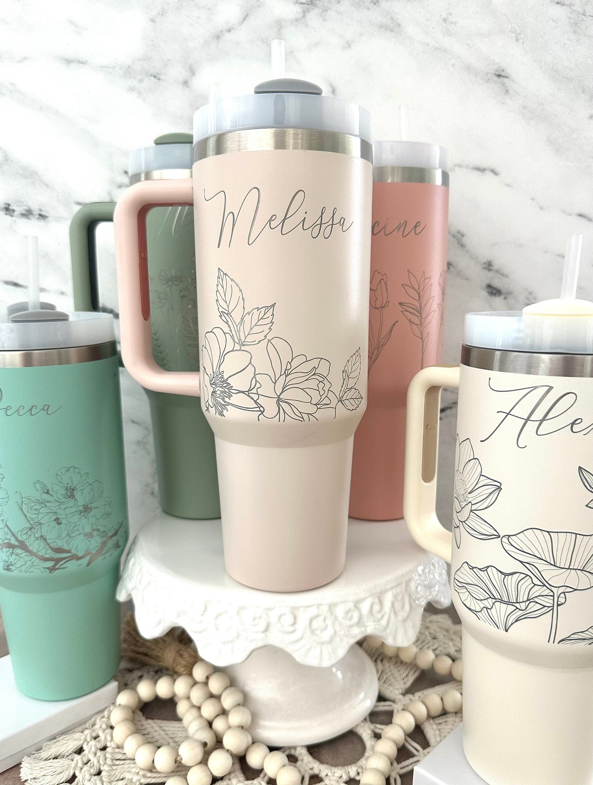 Personalized Flower Tumbler with Name, Custom Stainless Steel Travel Mug with Handle, Floral Gift for Her, Coffee Cup