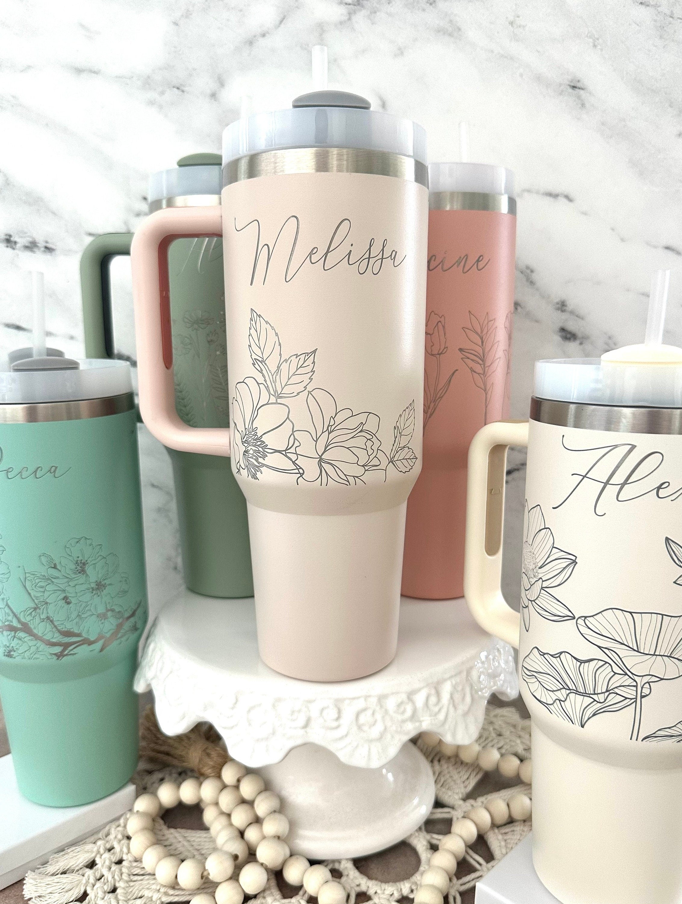 Personalized Flower Tumbler with Name, Custom Stainless Steel Travel Mug with Handle, Floral Gift for Her, Coffee Cup