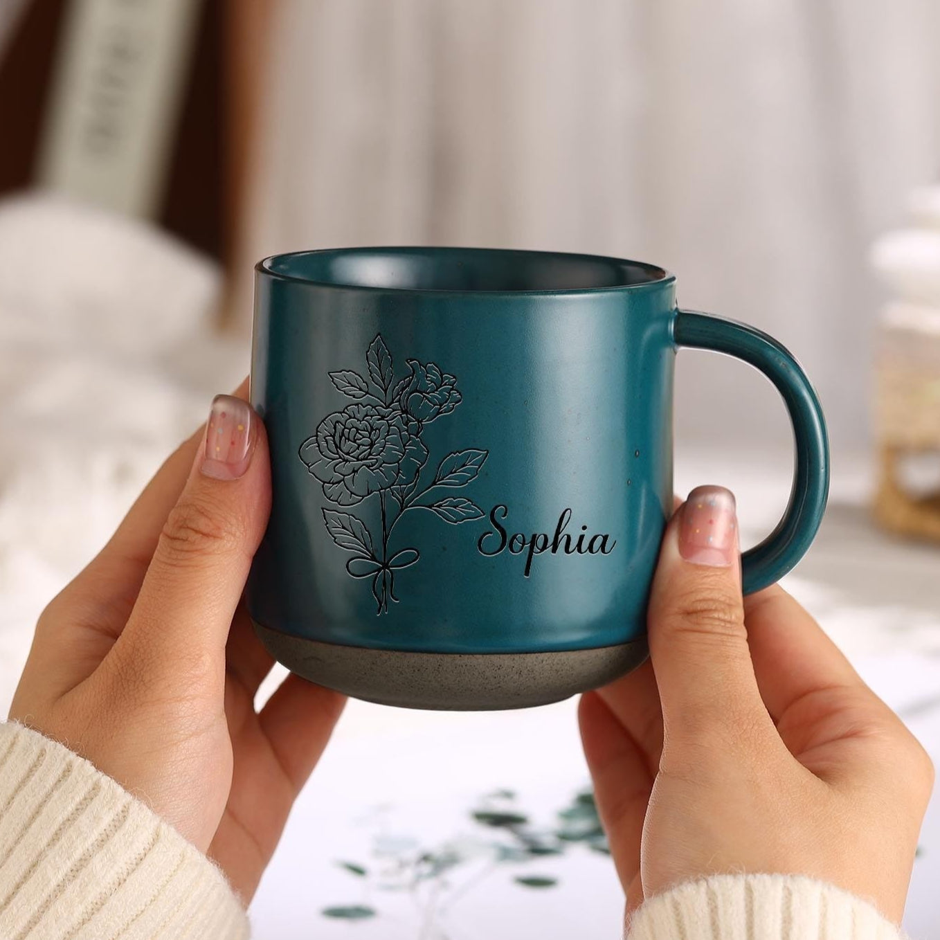 Custom Pottery Mug Birth Flower Mug, Personalized Mug for Mom Family Gift, Gift for Dad Mug Engraved Gift Christmas Gifts Ideas, Gift for Her ZT