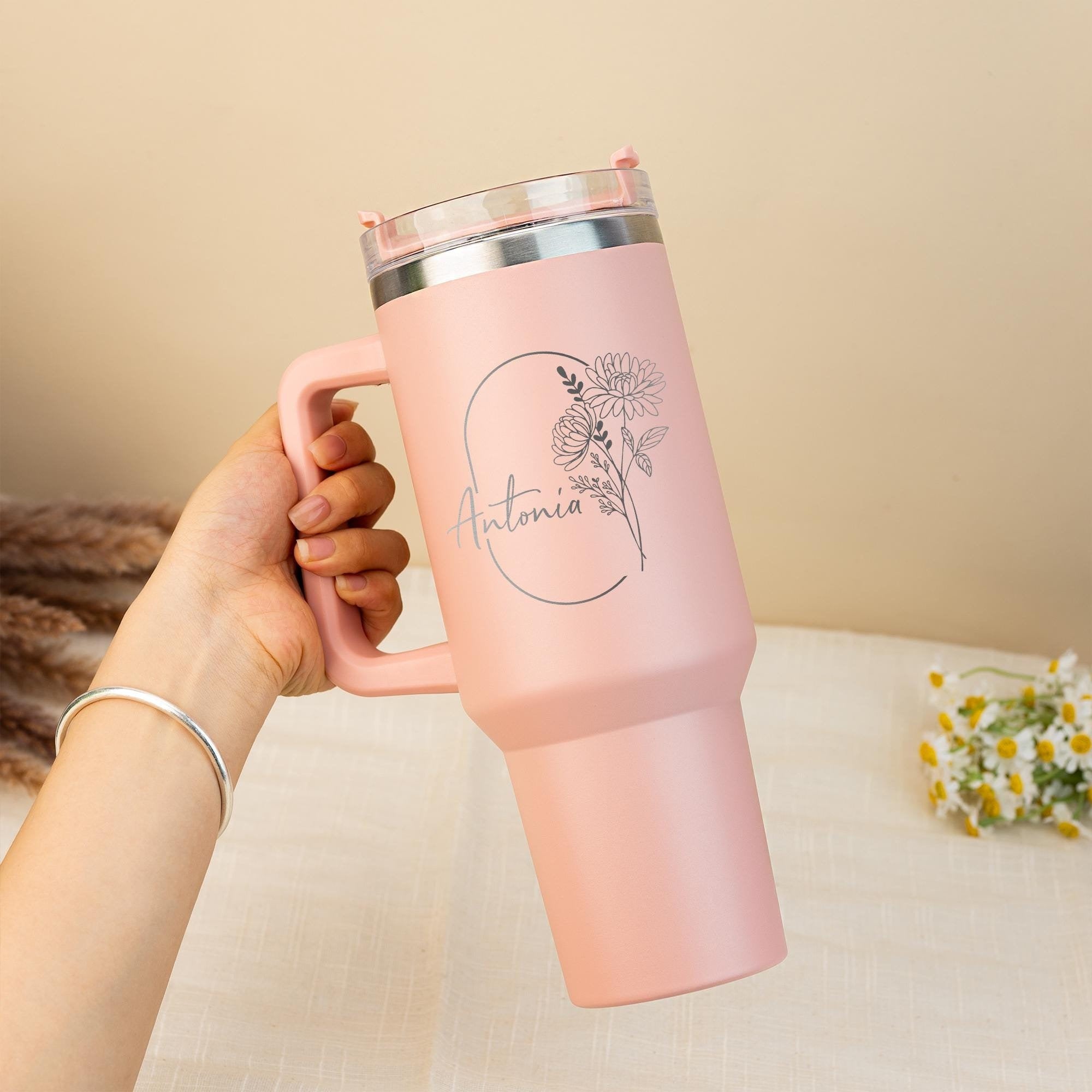 Personalized 40oz Tumbler with Handle, Monthly Bloom Birth Flower Cup, Custom Name Insulated Tumbler with Straw, Gift for Her