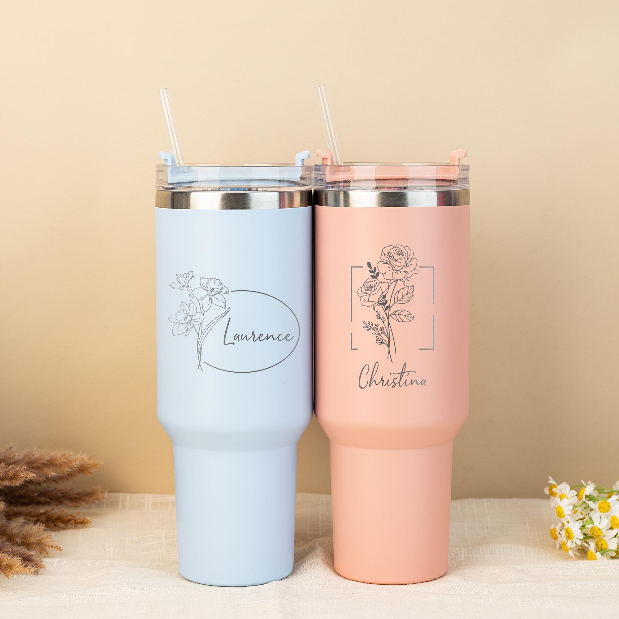 Personalized 40oz Tumbler with Handle, Monthly Bloom Birth Flower Cup, Custom Name Insulated Tumbler with Straw, Gift for Her