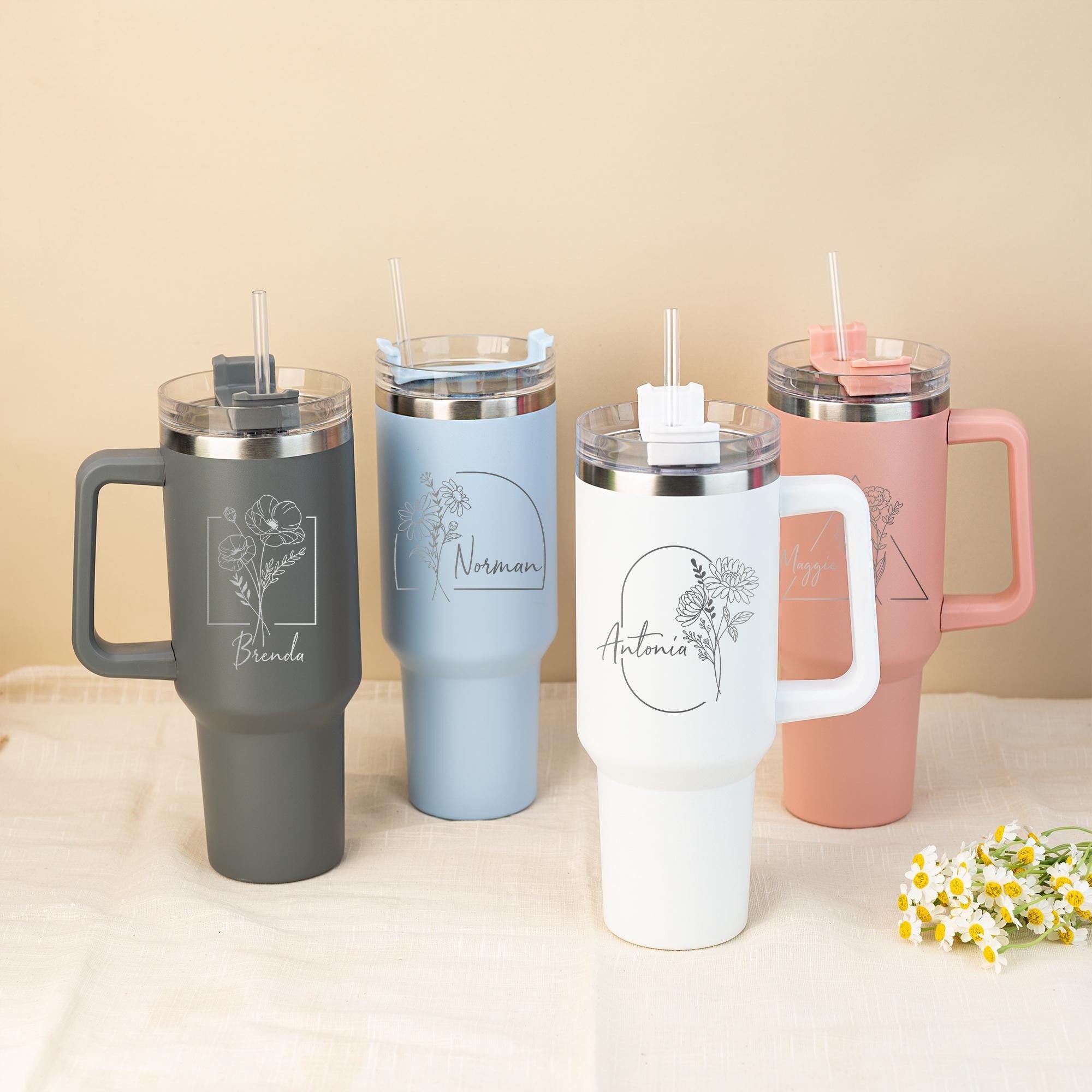 Personalized 40oz Tumbler with Handle, Monthly Bloom Birth Flower Cup, Custom Name Insulated Tumbler with Straw, Gift for Her