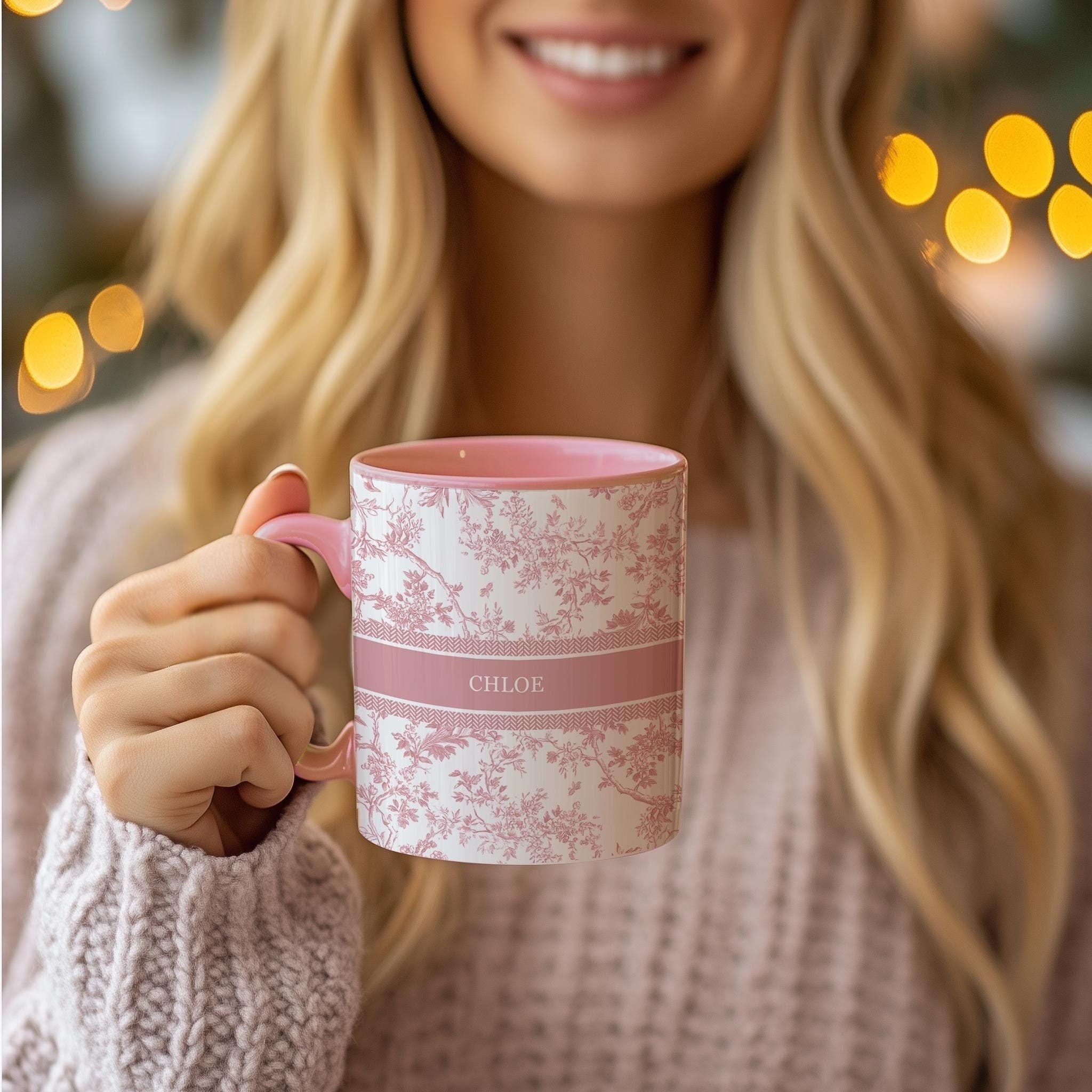 Personalized Pink Floral Name Mug, Custom Vintage Flower Coffee Cup Gift for Her, Bridesmaid, Birthday, or Mother’s Day