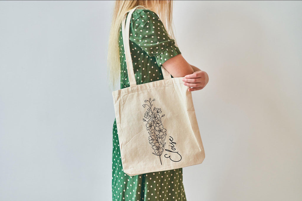 Personalized Birth Flower Tote Bag, Custom Name Canvas Bag, Floral Monthly Flower Shopper, Eco Friendly Gift for Women
