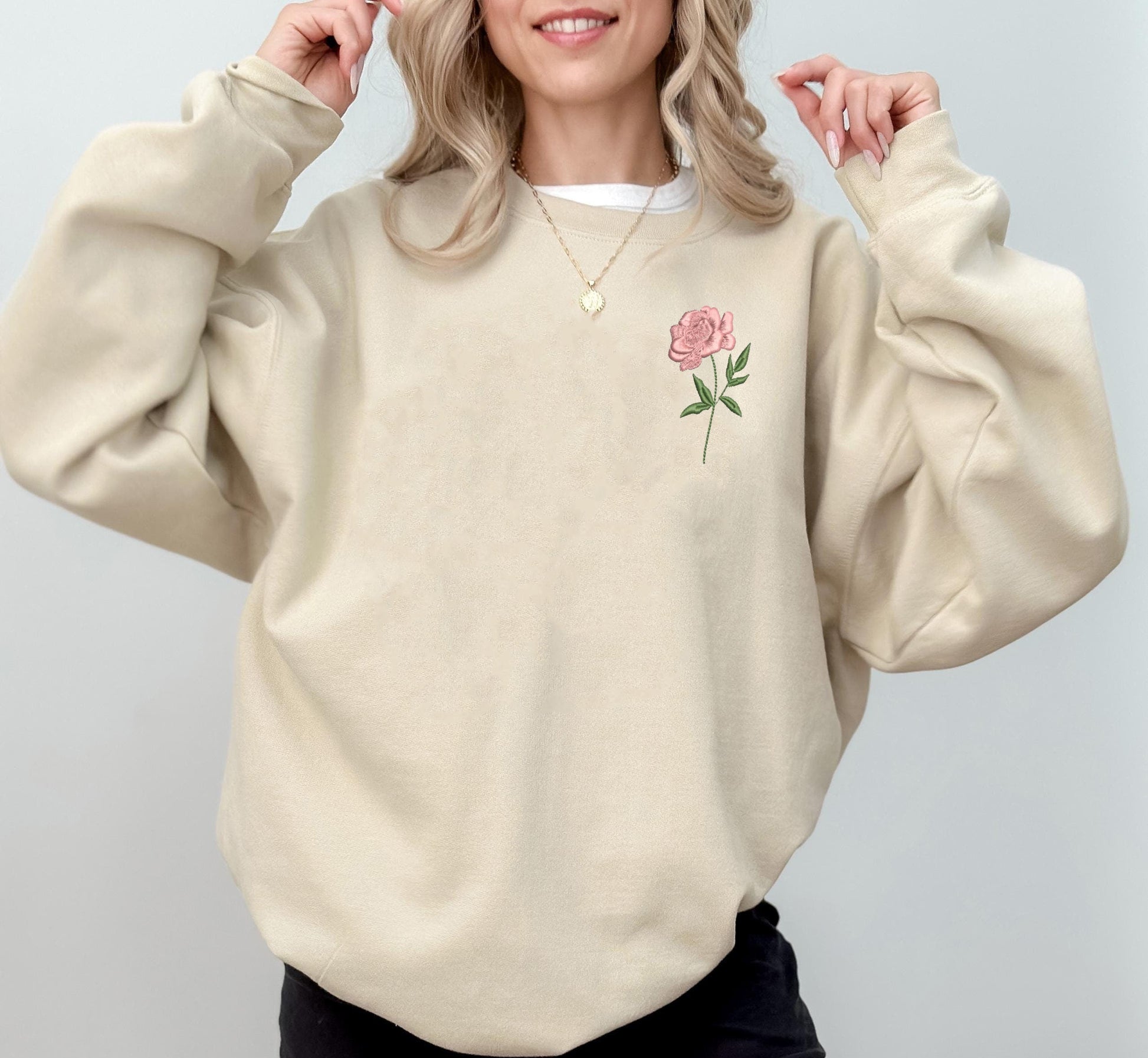 Personalized Birth Flower Embroidered Hoodie, Custom Name Floral Sweatshirt, Birthday Gift