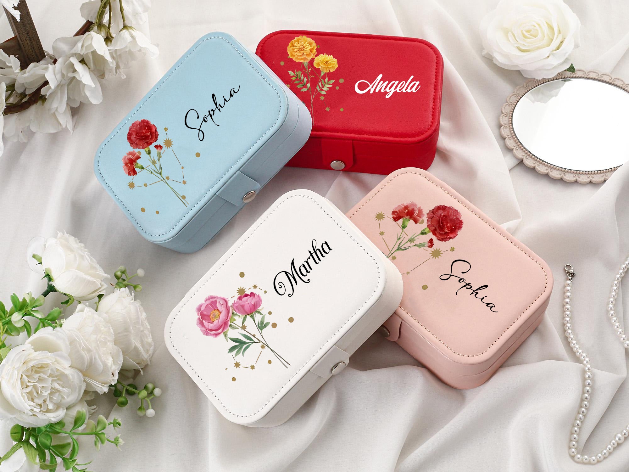 Personalized Leather Jewelry Box, Custom Name & Birth Flower Design, Travel Jewelry Organizer Gift for Women