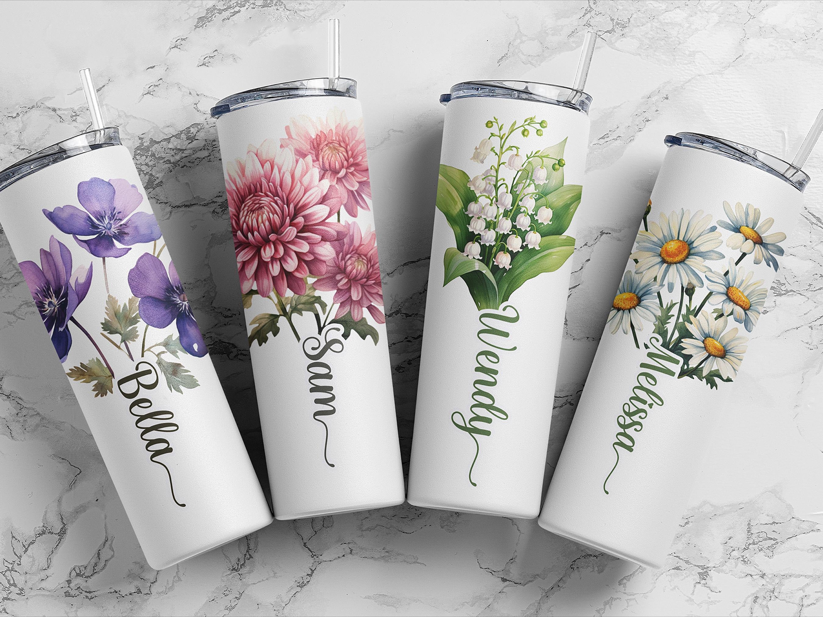 Personalized Birth Flowers With Name Skinny Glitter Tumbler 30oz, Custom Birth Flower Coffee Mug, Gift for Her, Birthday Gift, Flower Tumbler, Bridesmaid Gift, Mother’s Day Gift