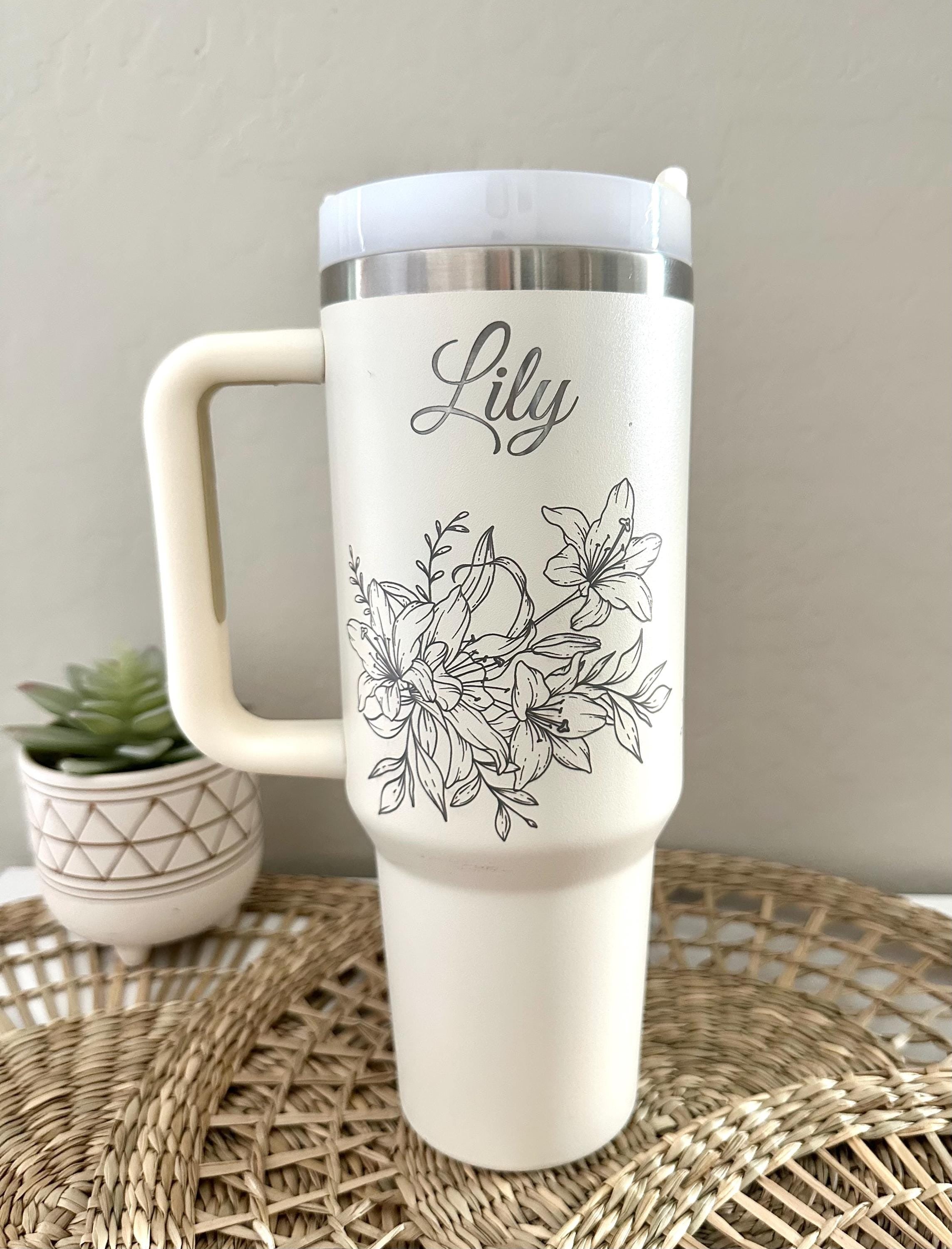 Personalized Flower Tumbler with Name, Custom Stainless Steel Travel Mug with Handle, Floral Gift for Her, Coffee Cup