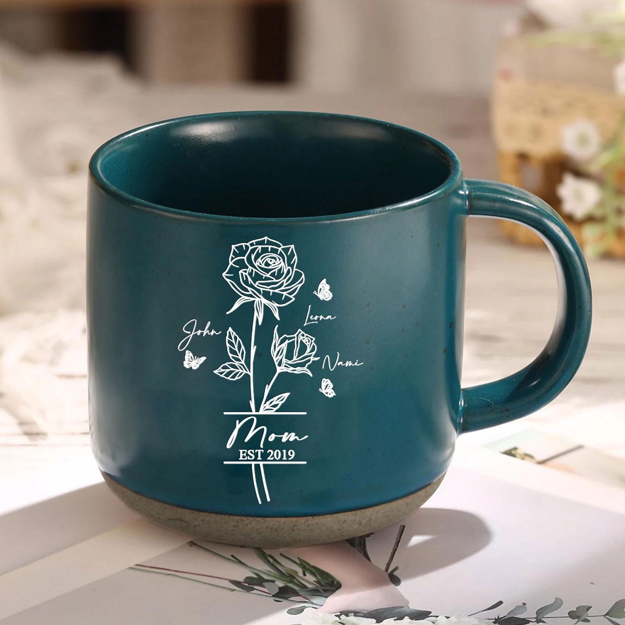Personalized Mom With Kids Names Pottery Mug, Birth Month Flowers, Coffee Mug For Mom, Mom Birthday Gifts, Gift For Mum, Mother's Day Gift