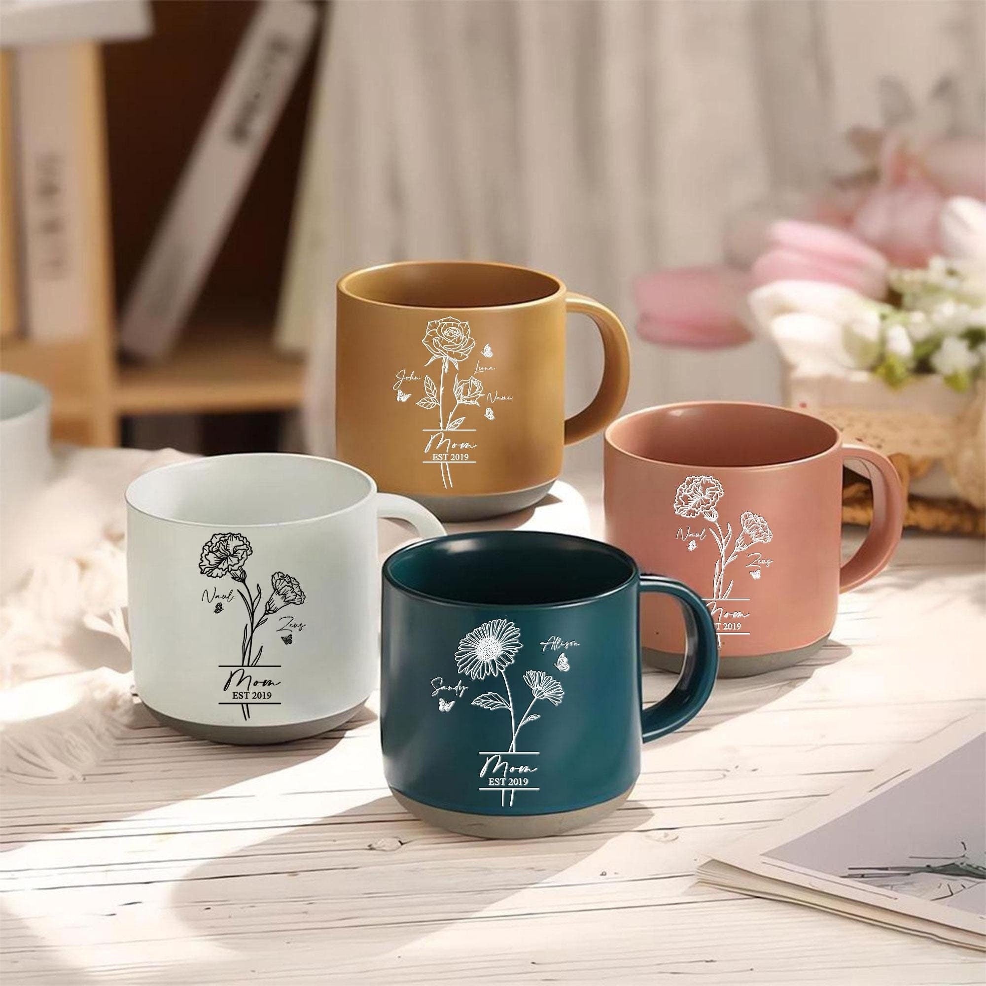 Personalized Mom With Kids Names Pottery Mug, Birth Month Flowers, Coffee Mug For Mom, Mom Birthday Gifts, Gift For Mum, Mother's Day Gift