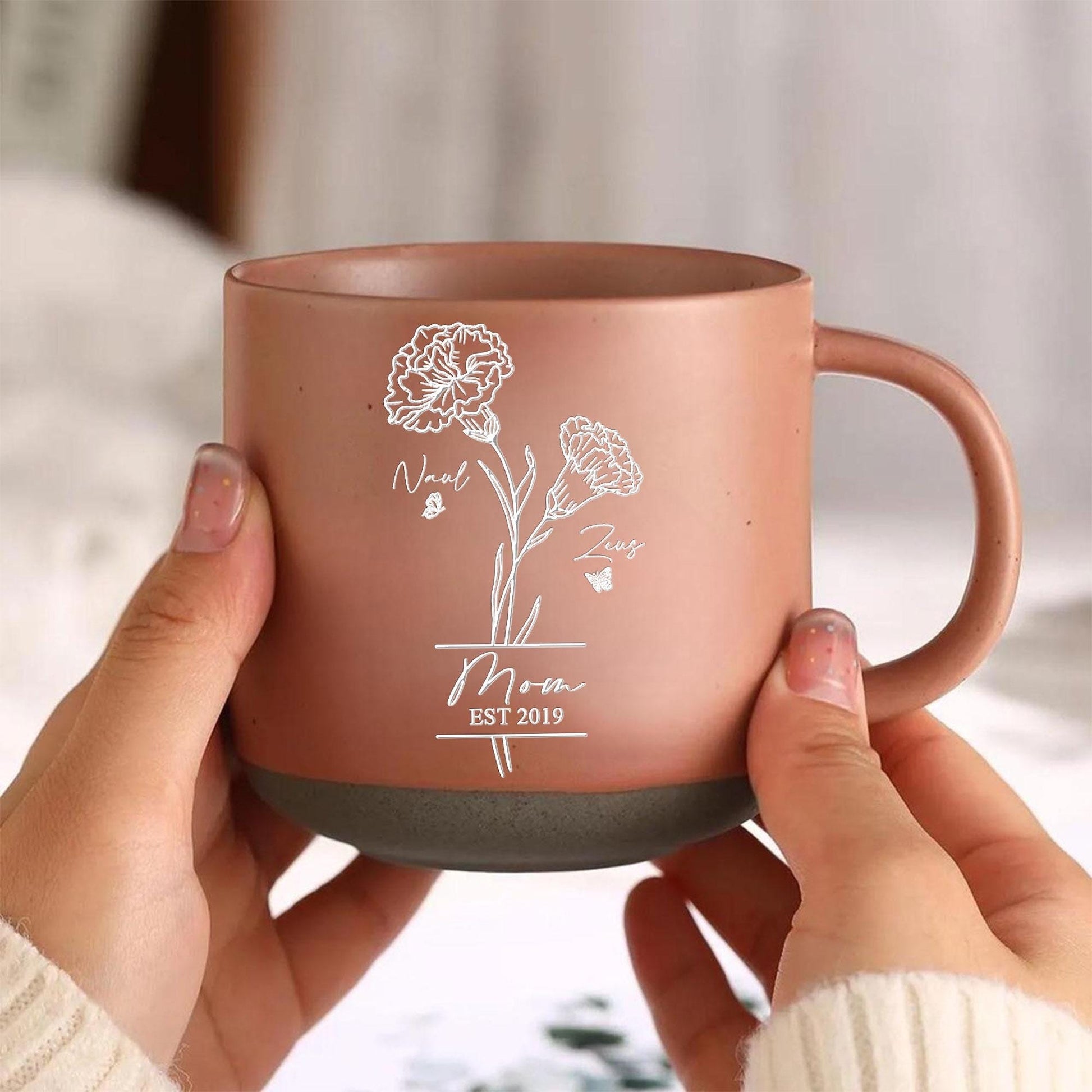 Personalized Mom With Kids Names Pottery Mug, Birth Month Flowers, Coffee Mug For Mom, Mom Birthday Gifts, Gift For Mum, Mother's Day Gift