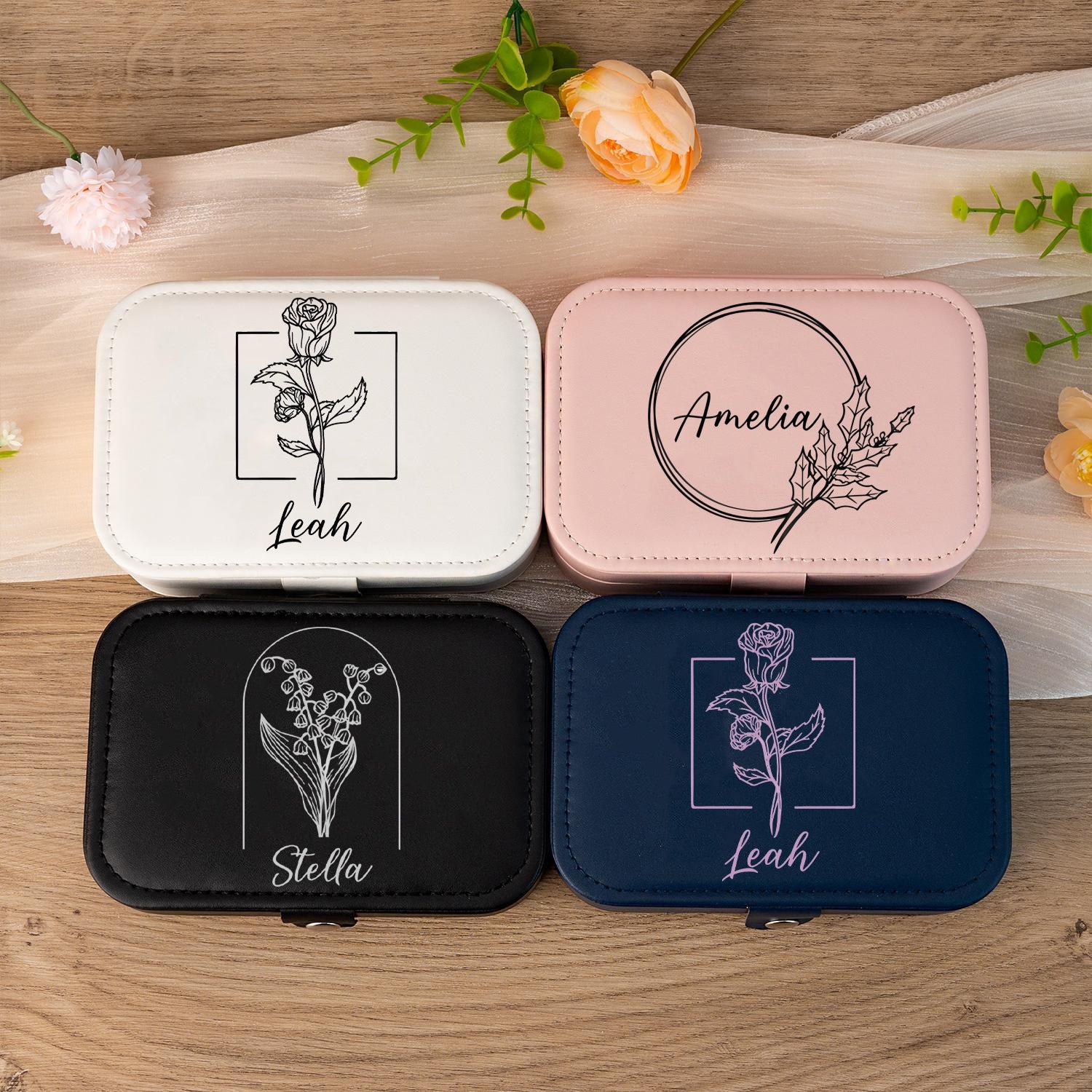 Personalized Jewelry Box Monthly Bloom, Custom Bridesmaid Jewelry Box, Wedding Bridal Party Jewelry Box, Vintage Leather Jewelry Case, Gift for Her