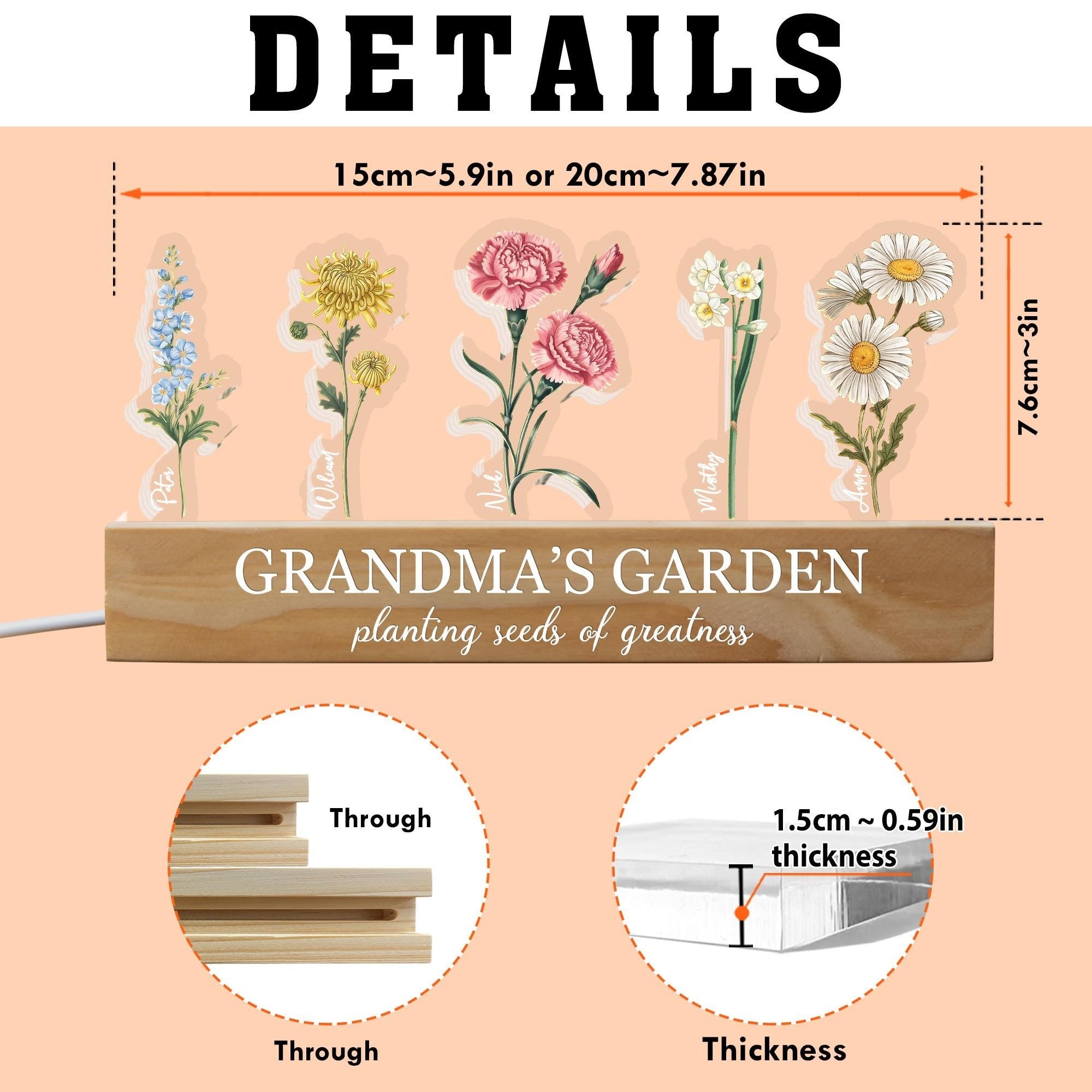 Customized Birthday Flower 3D LED Night Light, Mothers Day Gifts For Grandma, Grandma's Garden With Kids Name Gifts, Gift From Grandkids
