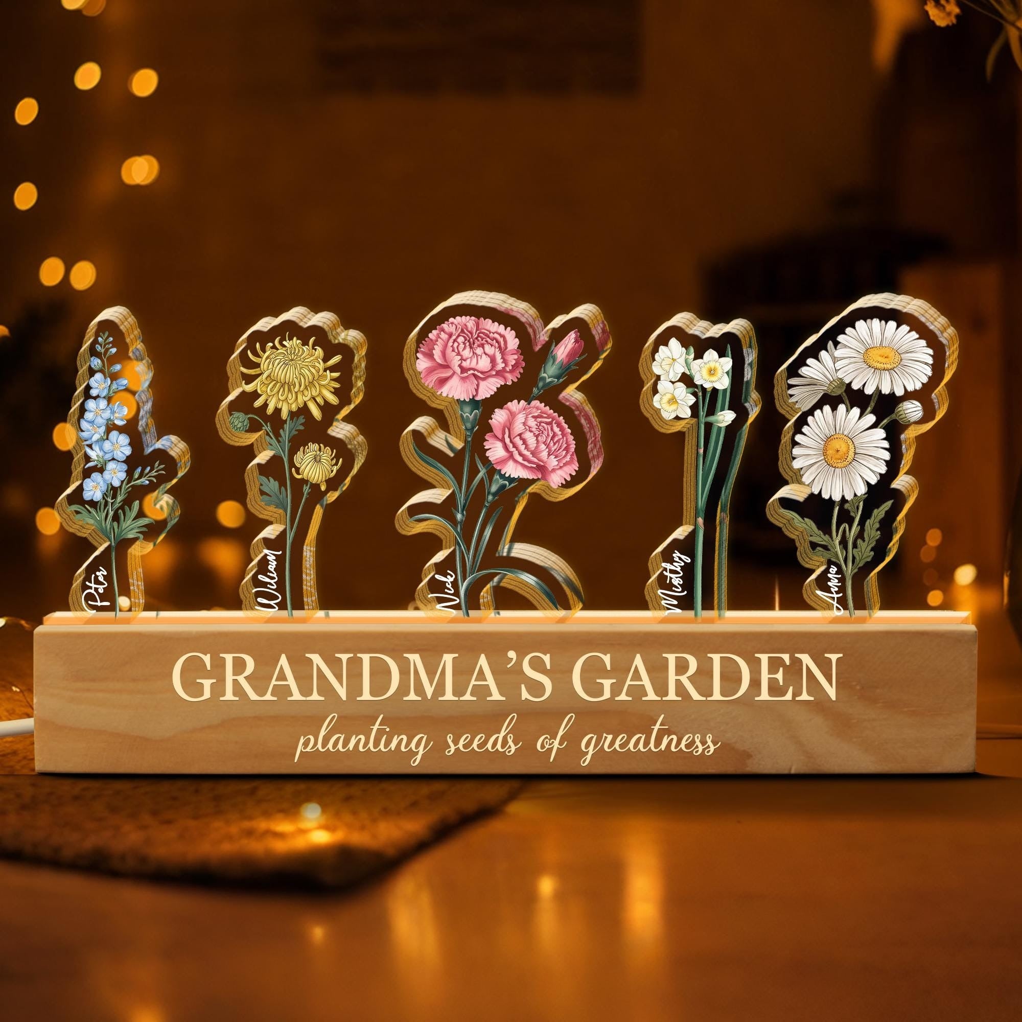Customized Birthday Flower 3D LED Night Light, Mothers Day Gifts For Grandma, Grandma's Garden With Kids Name Gifts, Gift From Grandkids