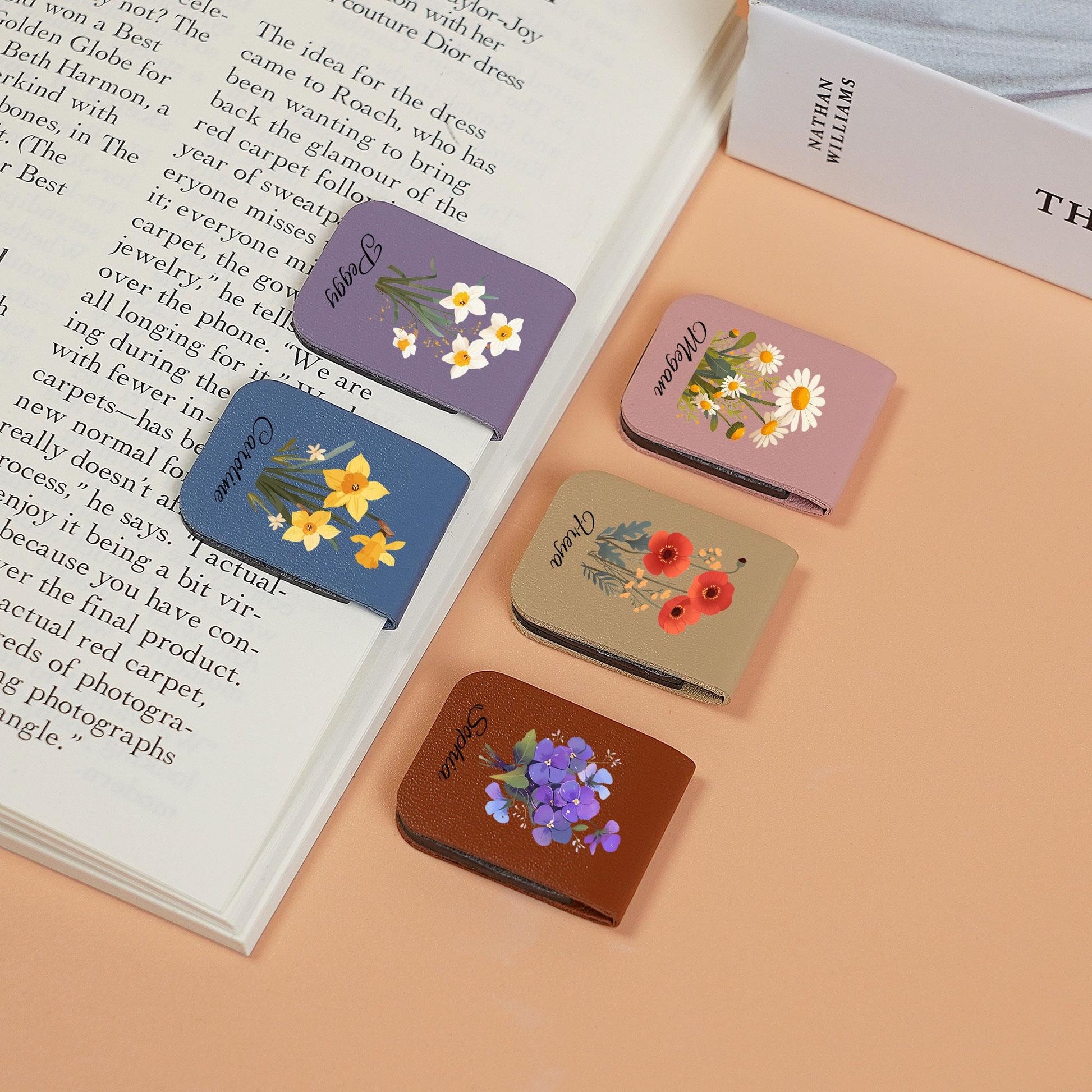 Leather bookmark With Birth Flower, Personalized Leather Magnetic Bookmark, Custom Name Bookmark, Birthday Gift For Book Lovers
