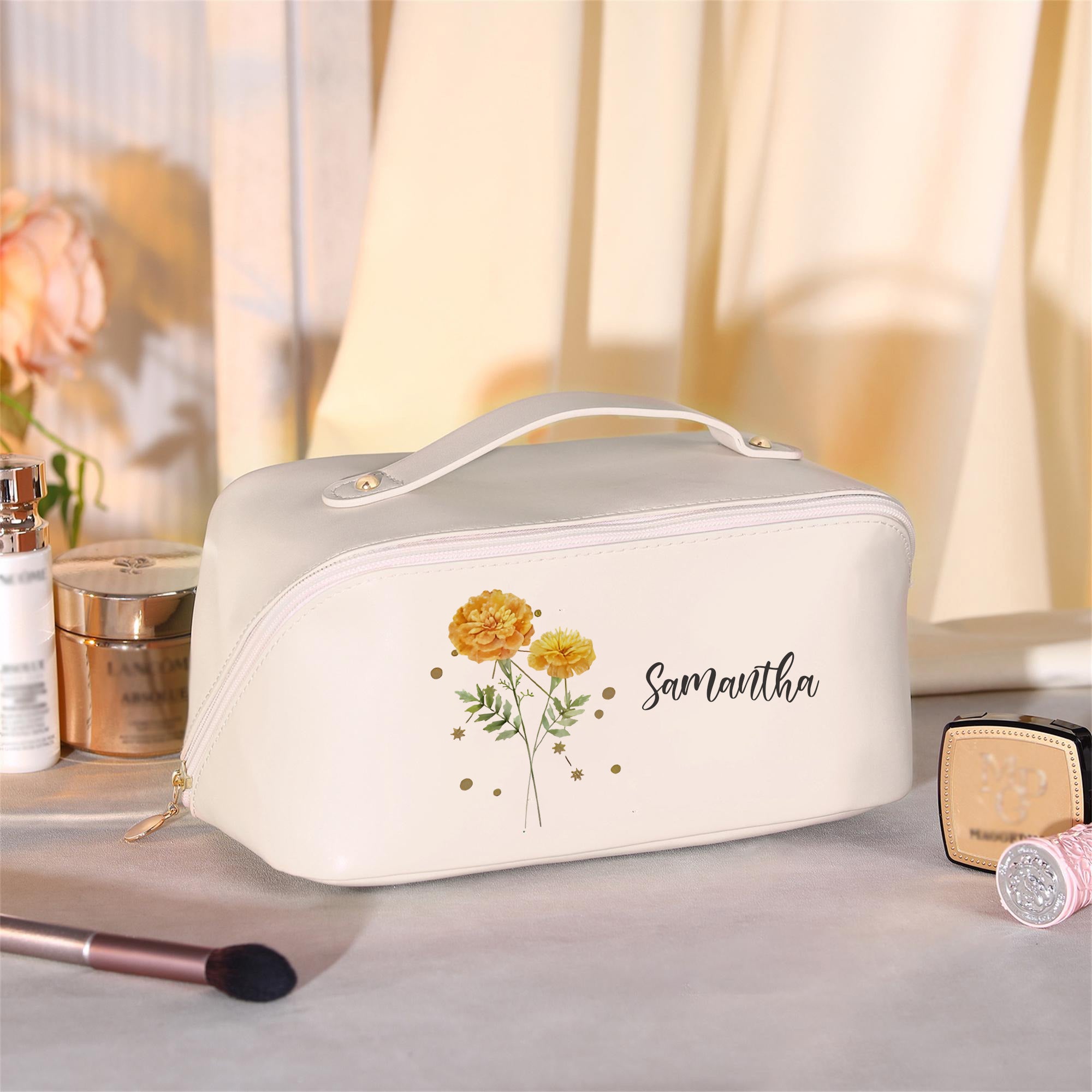 Personalized Leather Makeup Bag with Birth Flower & Zodiac Sign, Custom Name Cosmetic Pouch, Bridesmaid Gift, Travel Toiletry Bag for Women