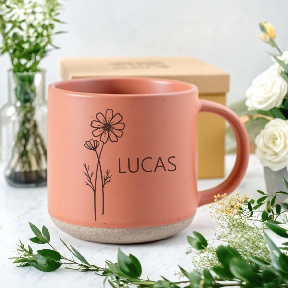 Engraved Pottery Mug Birth Flower Mug, Personalized Pottery Mug Family Gift, Customized Christmas Mug Engraved Gift Christmas Gifts Ideas