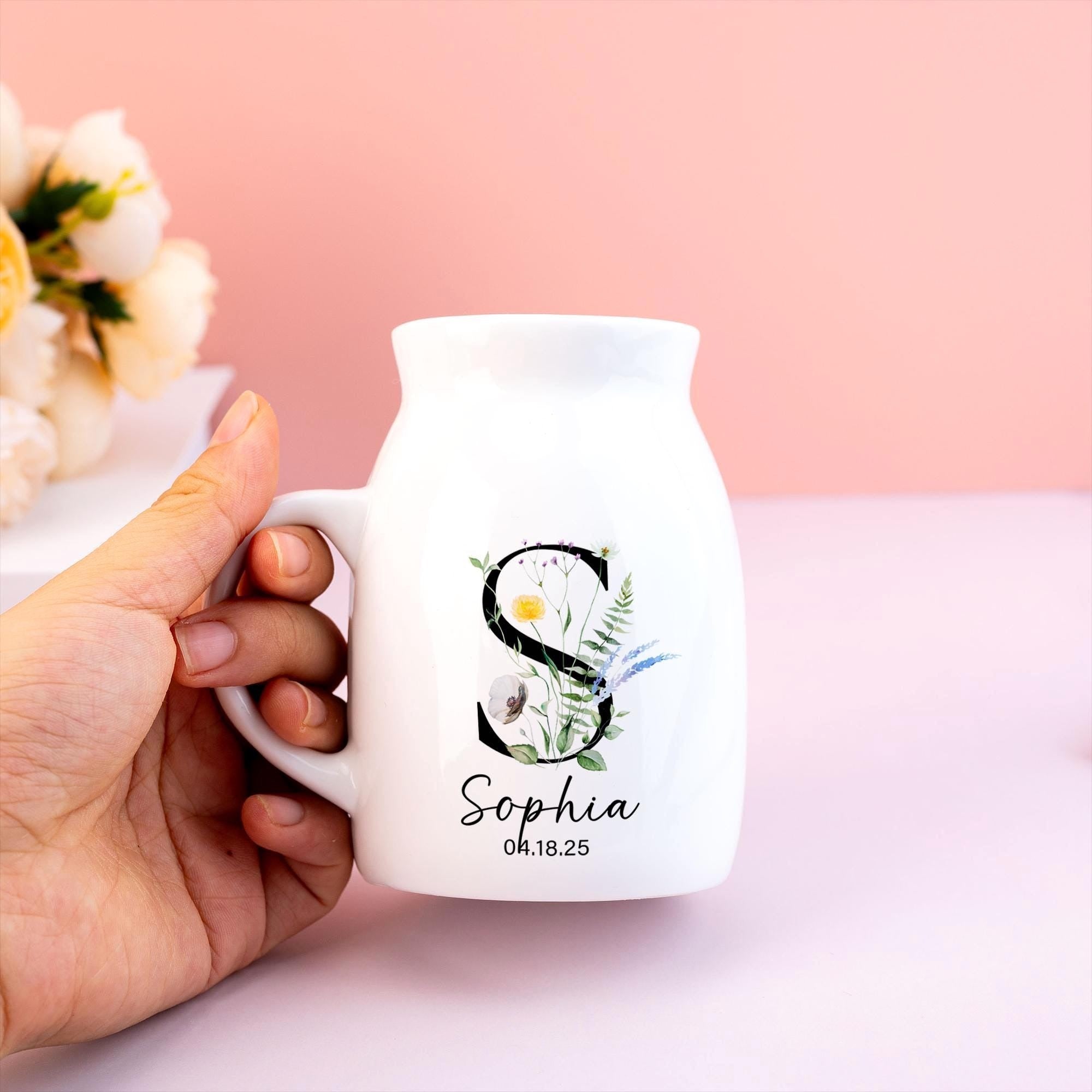 Personalized Ceramic Flower Vase For Grandma, Nana, Mothers Day Gifts, Customized Initials Ceramic Jardiniere Gifts, Gifts From Grandkids, Birthday Gifts