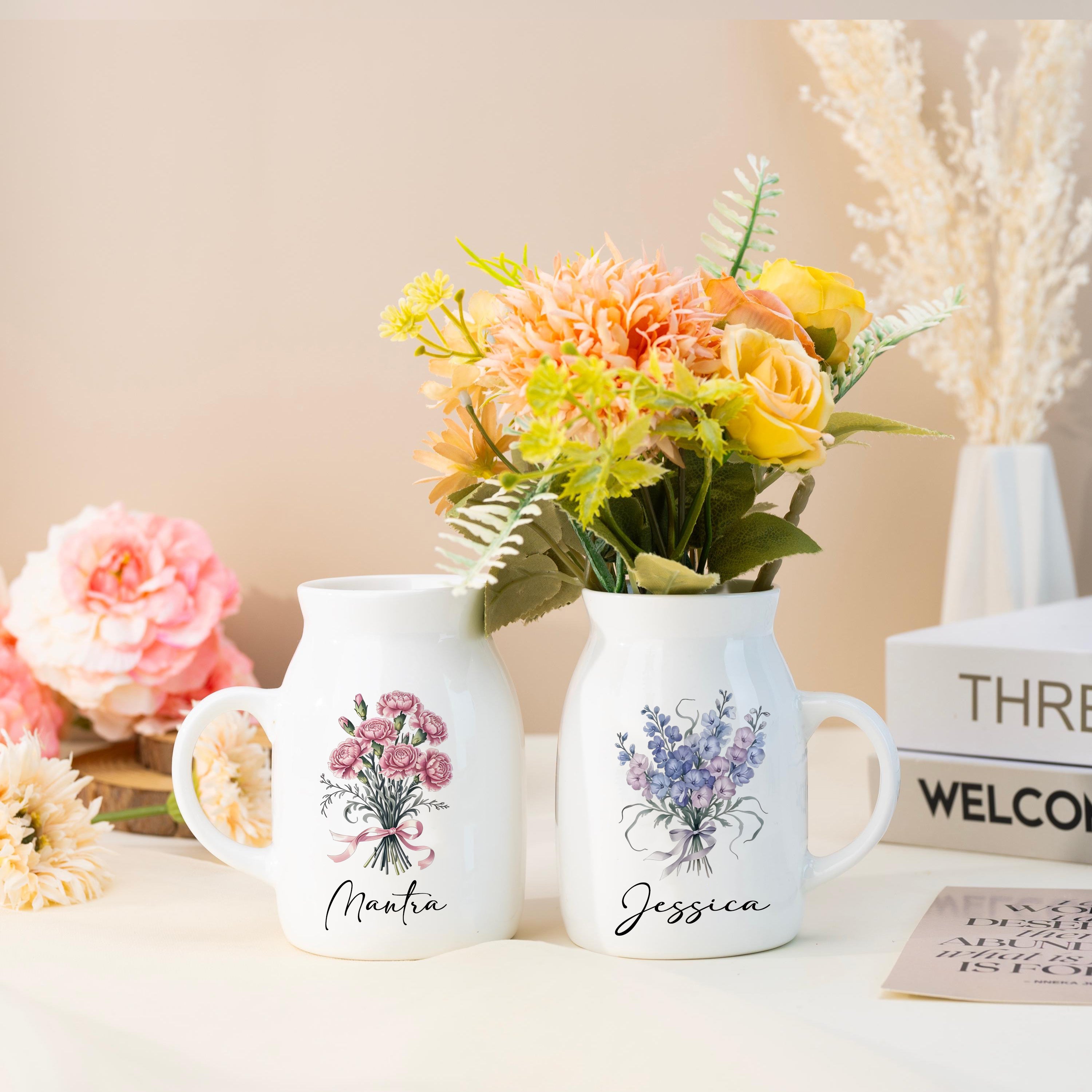 Personalized Birth Flower Ceramic Flower Vase, Custom Name Floral Pottery Vase, Birthday Gift, Bridesmaid Keepsake for Her